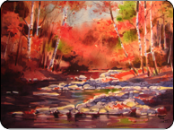 watercolor autumn landscape, reds, oranges